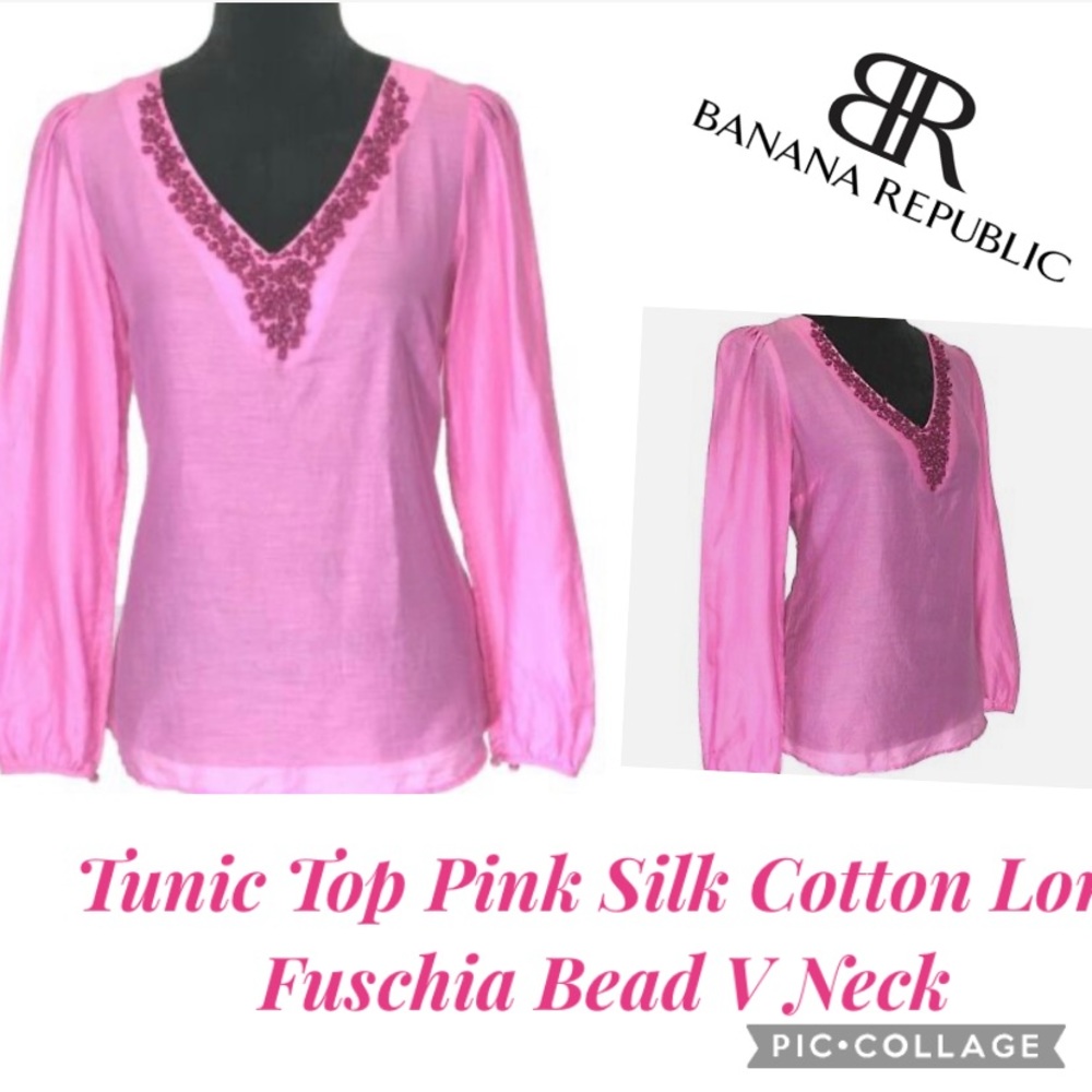 Banana Republic  Tunic Top Pink Silk Cotton Long Sl Fuschia Bead V Neck